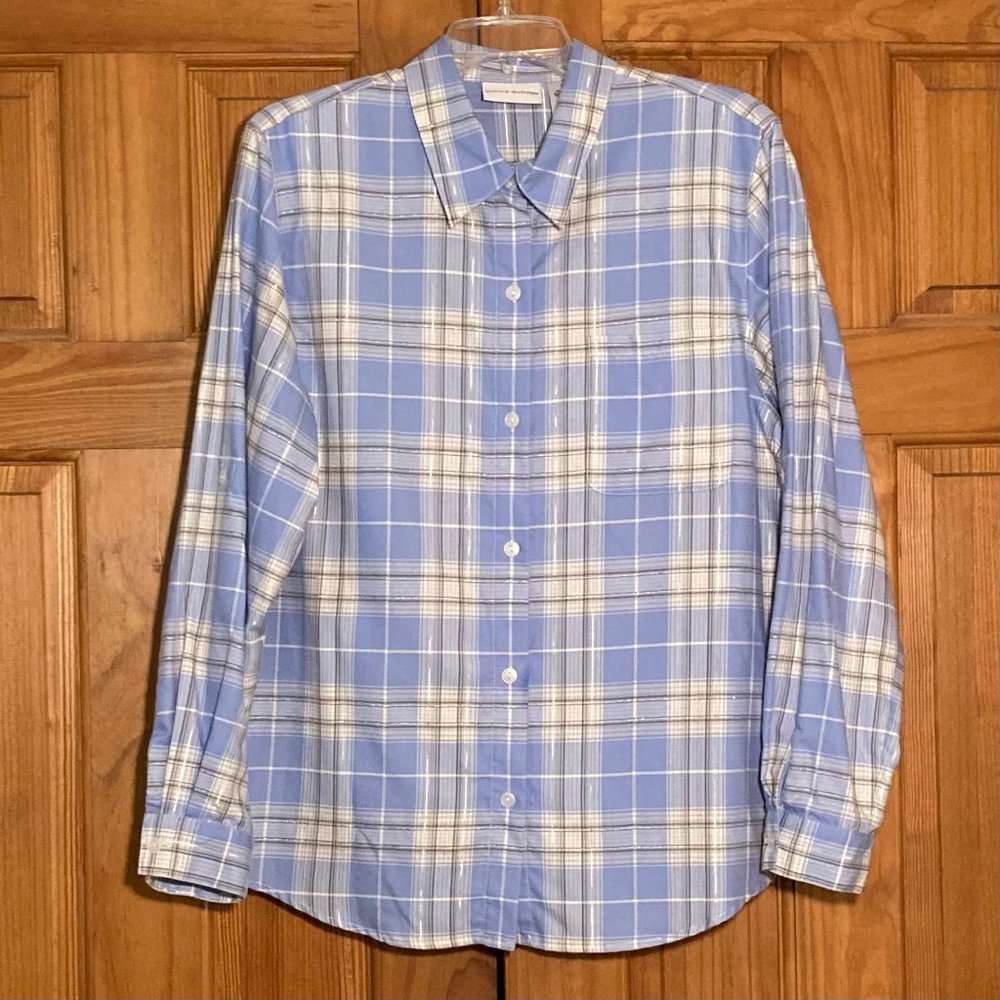 NWOT Alfred Dunner Vintage 90s Top Long Sleeve Blouse Plaid Blue White Size 16